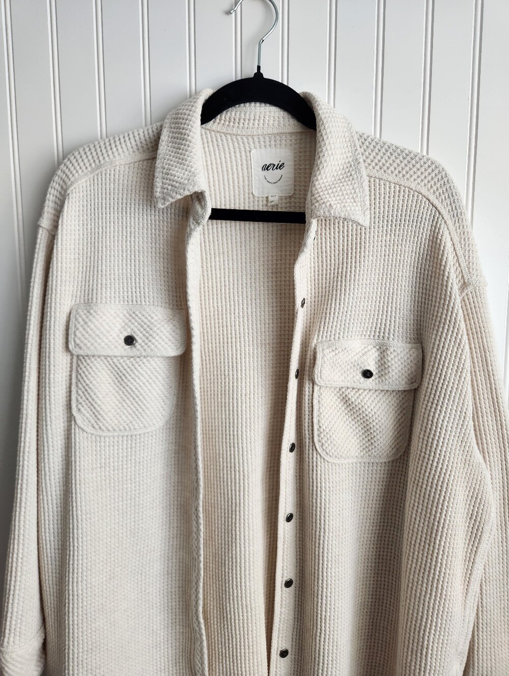 AERIE Oatmeal Waffle Knit Cotton Blend Button Front Flannel Oversized Small - Picture 2 of 6
